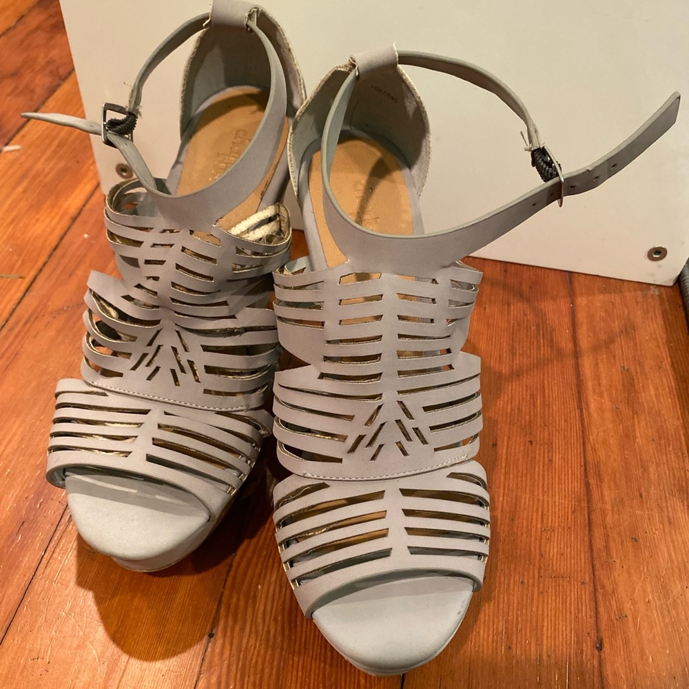 Grey felt strappy wedge sandals